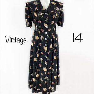 Vintage Hampton Dress Co. Floral & Hat Print Dress Plus Size 14